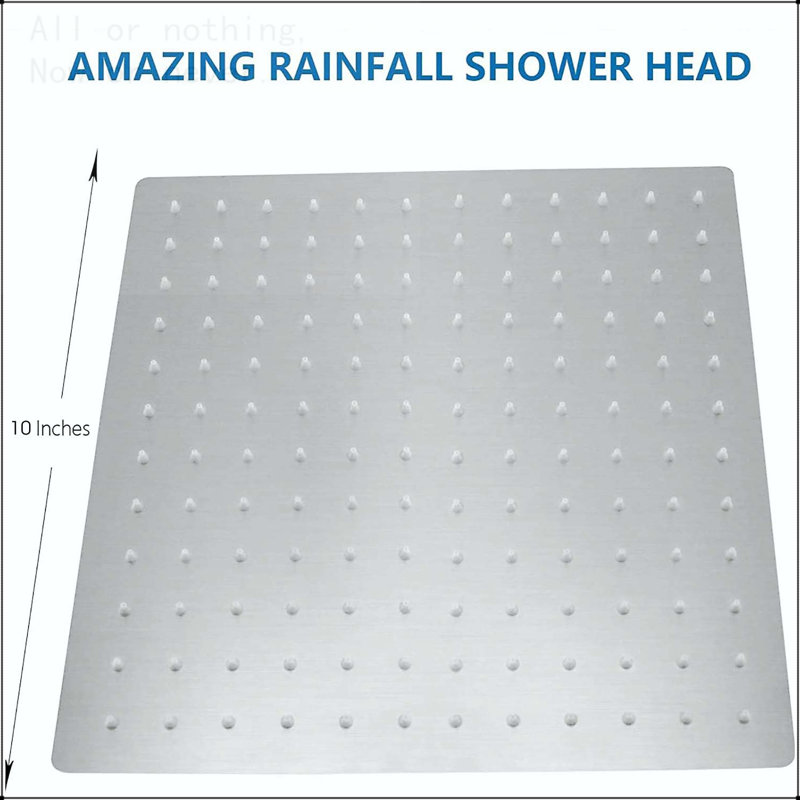 Brushed nickel 10" Square Rainfall & High Pressure Stainless Steel Bath Shower head, Brushed Nickel