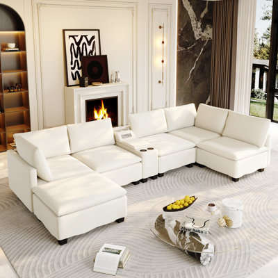 Canapé modulaire en nuage de 121 po de large avec console intelligente, canapé-lit convertible en forme de U avec haut-parleur Bluetooth, ports USB / type-c, rangement caché et 6 coussins décoratifs