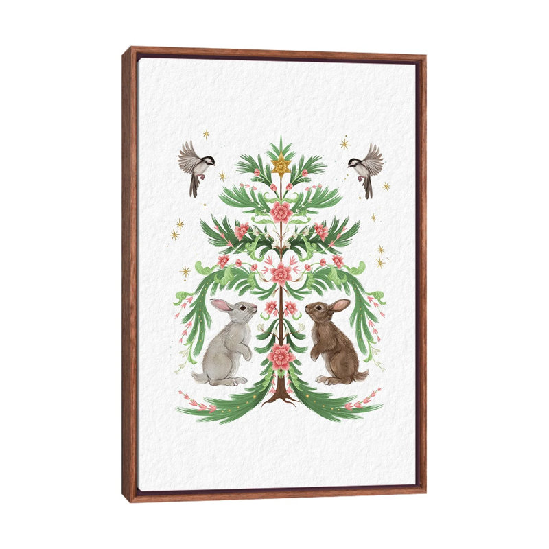 Christmas Tree Rabbits Light - reproduction d'art murale - toile encadrée, H 26 po x l 18 po, Brun