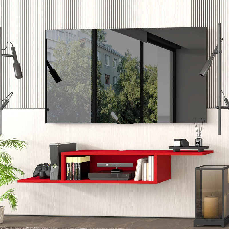  Meuble audio-vidéo mural et flottant rectangulaire en bois brun foncé de 65 po de largeur avec tablettes en bois, Rouge