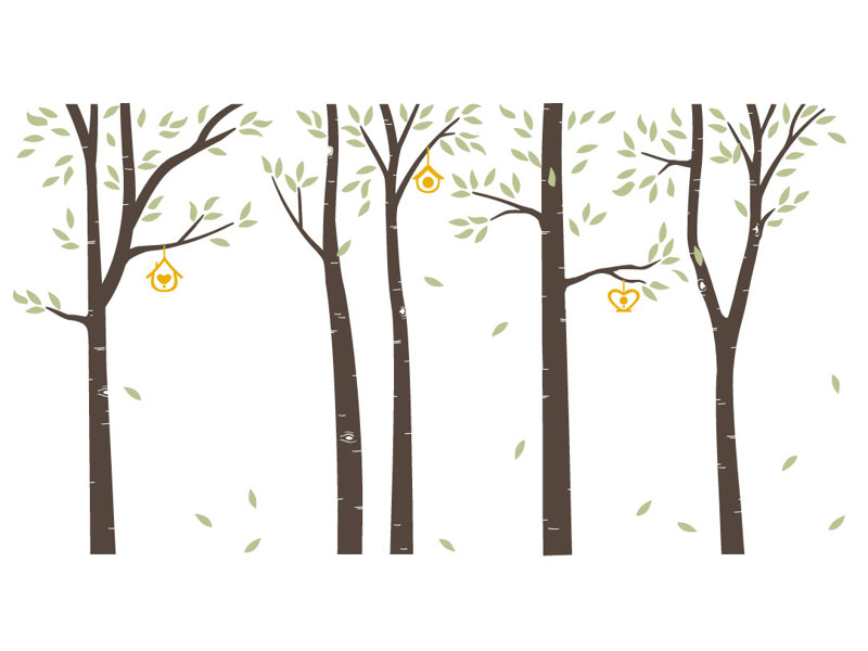 Décalcomanie murale arbres et maisons à oiseau bouleau, Brun / céladon / jaune
