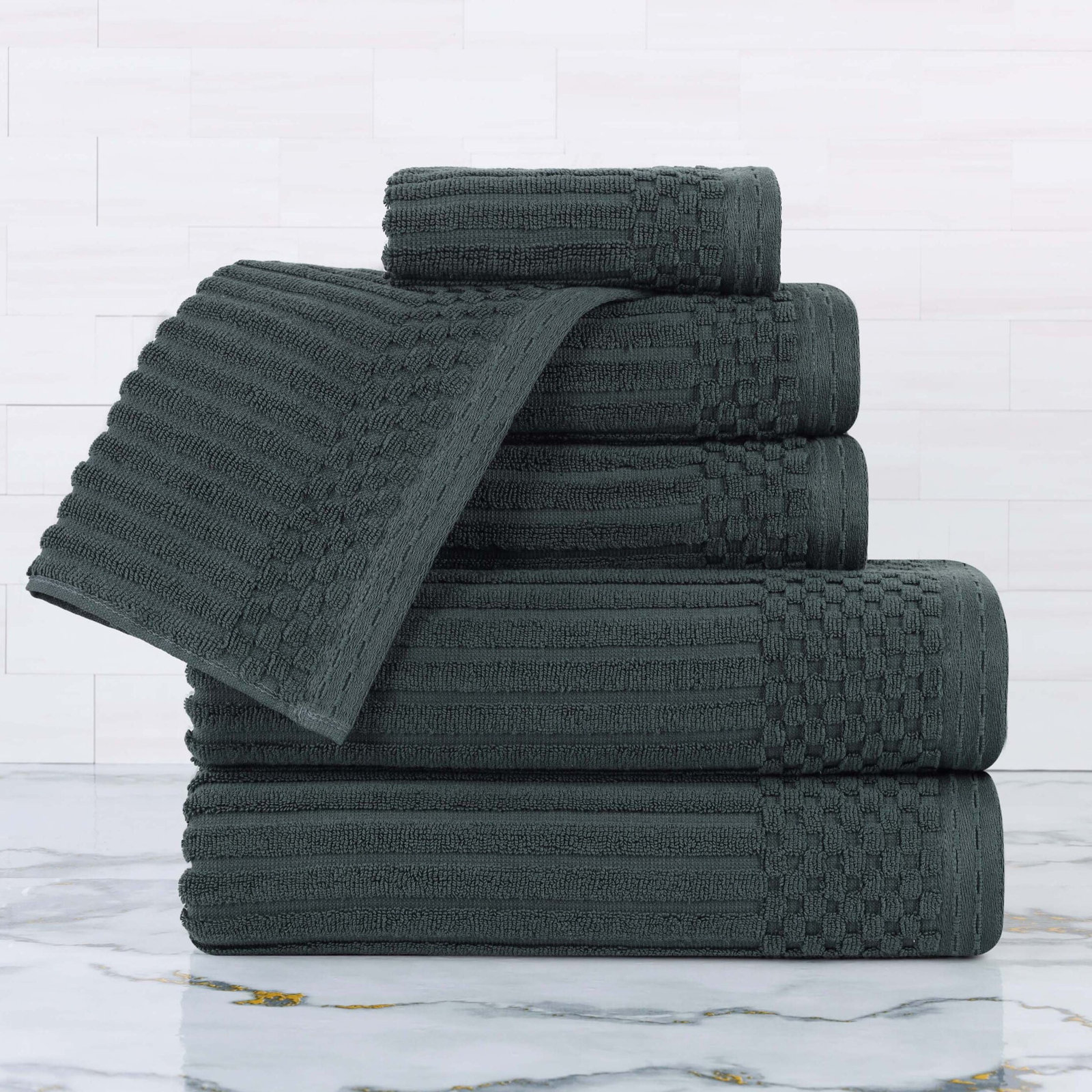 6-Piece Checkered Border Cotton Towel Set, Pine Green