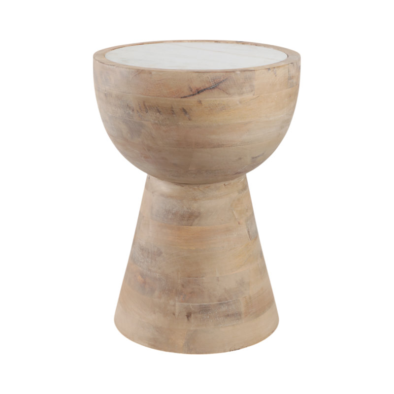 Mango Wood and Marble Accent Table - Modern Sculptural Side Table, Natural, White