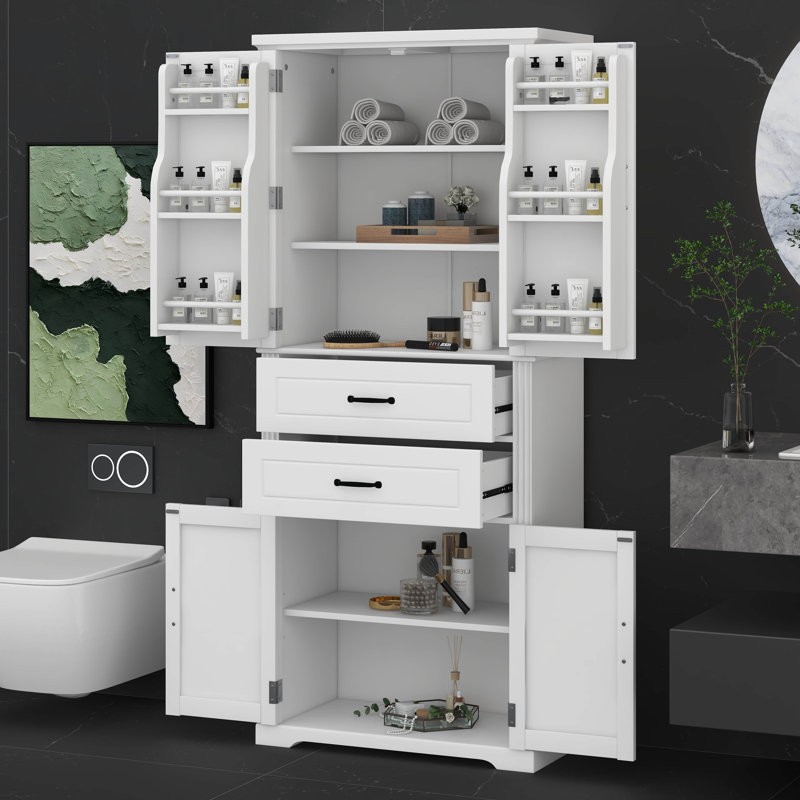 Grande armoire de rangement, armoire de rangement autoportante avec portes, tablette réglable et 2 tiroirs, Blanc