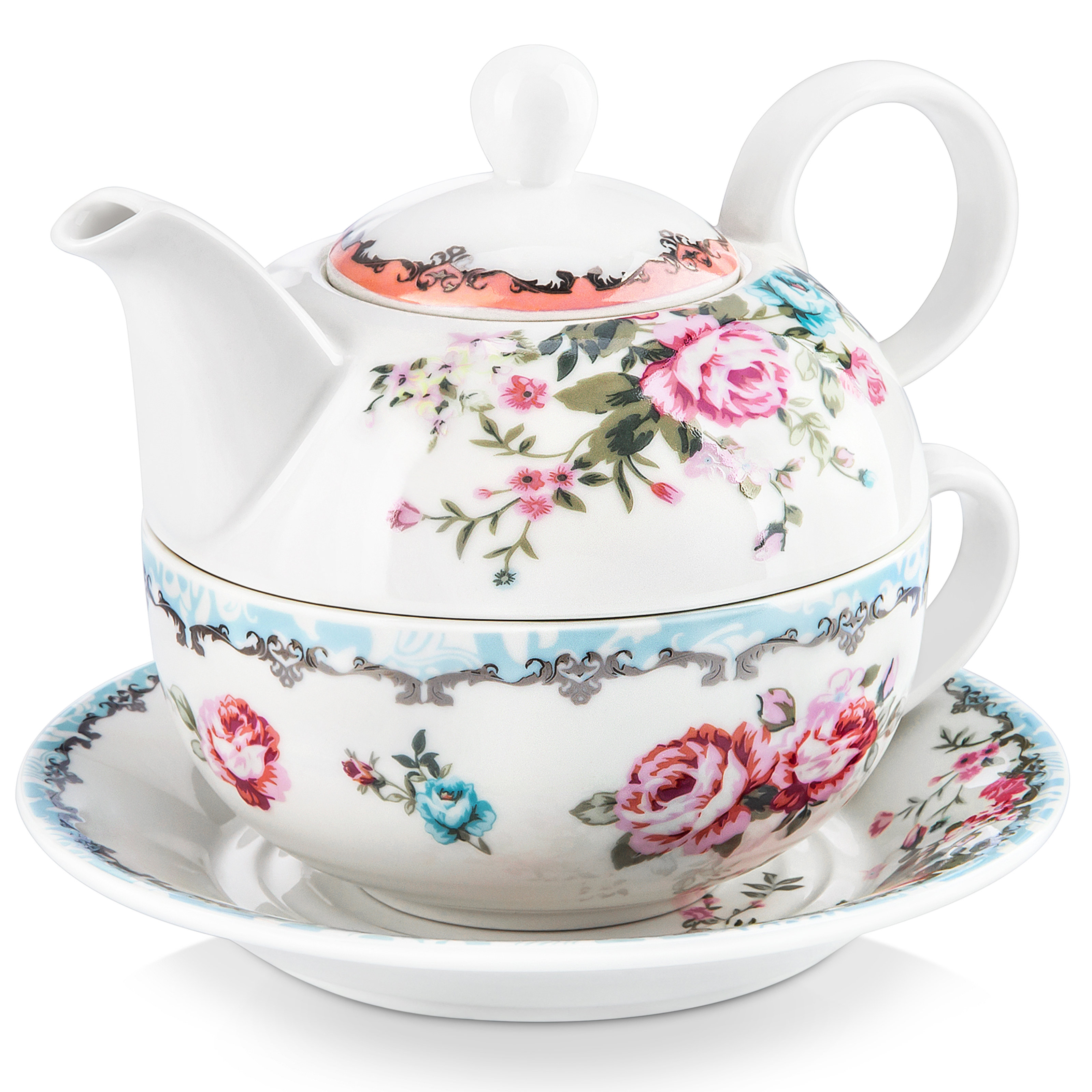 Artvigor 1-Piece Porcelain Tea Pot Pink Tea Pot Teacup and Saucer