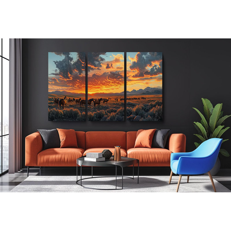 Triptyque, art mural sur toile - Chevaux sauvages, H 36 po x l 72 po