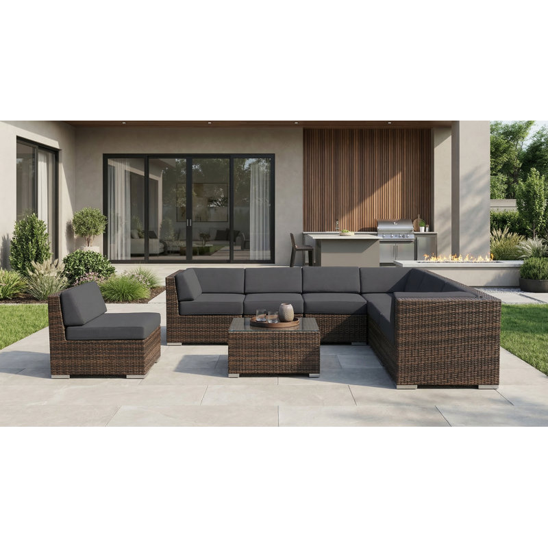 Ensemble de conversation en osier pour 7 personnes avec coussins Billyjo Wicker, Mélange de bruns, Charbon Sunbrella® toile