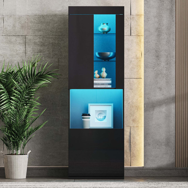 High Gloss Storage Cabinet with LED Lights, Black