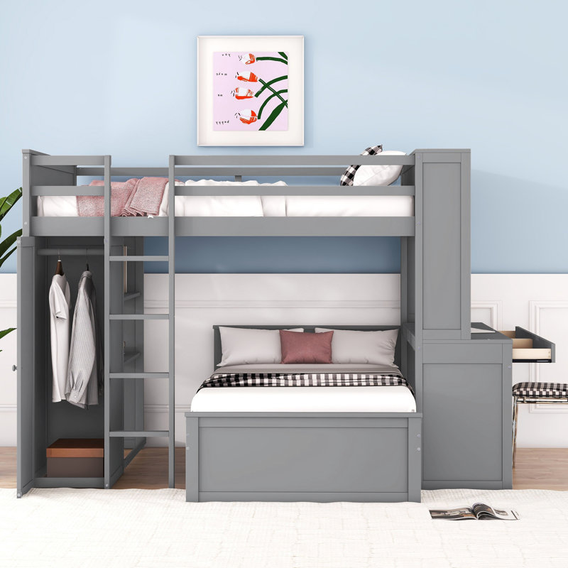 Hasel L Shaped Bunk Bed with Desk, Bookcase and Wardrobe, Gray, Twin over Full