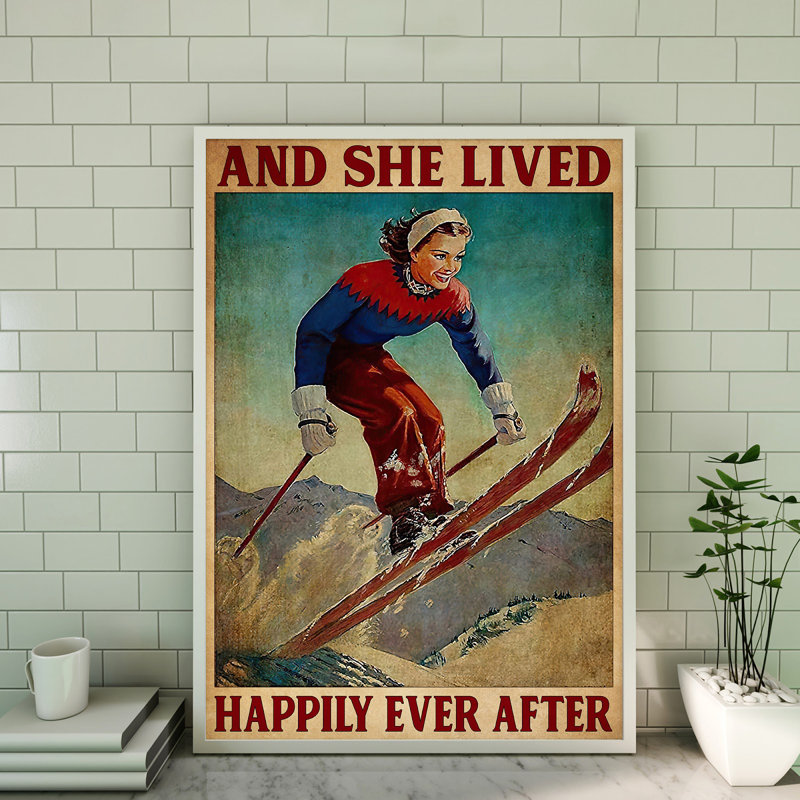 «Ski - She Lived Happily Ever After», toile tendue avec châssis - décor de sport, rouge et bleu, H 20 po x l 16 po x P 2 po