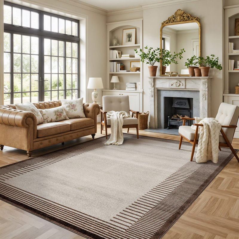 Modern Abstract Area Rug Soft Bordered Design, Rectangle 7'10" x 10', Cream/Brown
