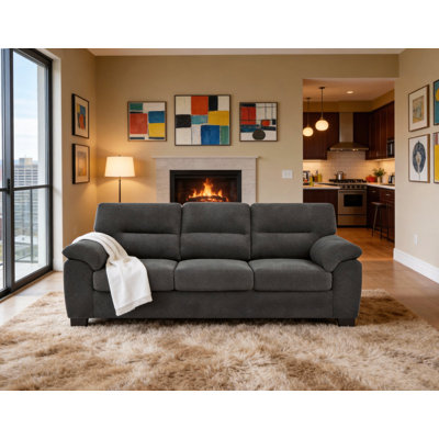 Canapé 3 places, canapé capitonné gris foncé, mobilier de salon moderne, canapé en tissu texturé, canapé minimaliste, fauteuil confortable, canapé à structure robuste