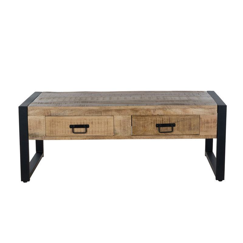 Table basse 48 po en bois de manguier de style rustique avec tiroirs et structure en métal noir