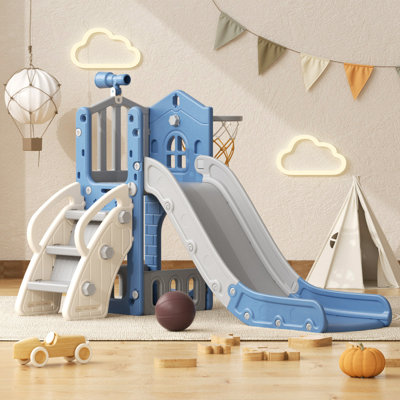 6 In 1 Toddler Slide Playset, Indoor Outdoor Climbing Toy with Basketball Hoop