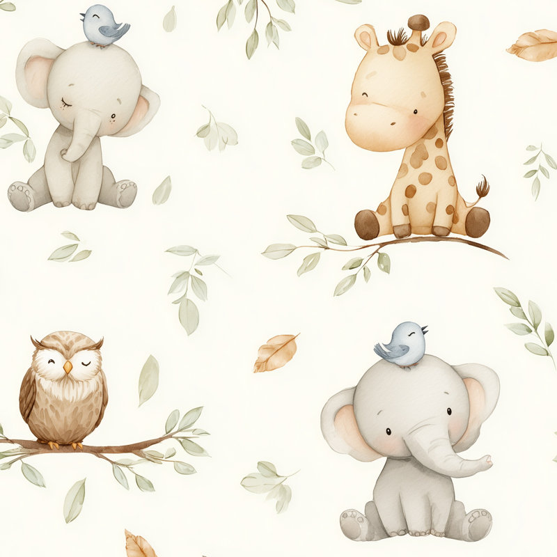 Playful Animals Wallpaper Cartoon Leaves Wall Decor