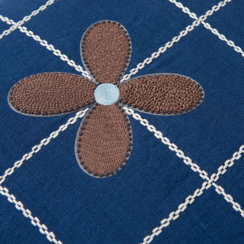 Grid & Flowers Pillow Cover 20x20 Inch, Navy;Brown