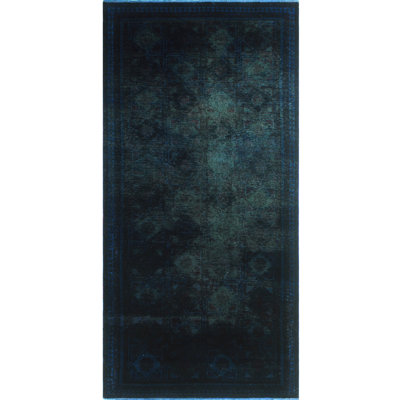 Tapis de couloir unique en laine noué à la main bleu 4 pi 10 po x 10 pi 2 po années 1980