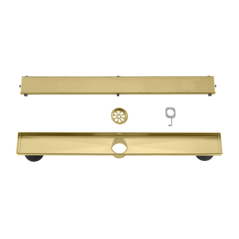 Modern Rectangular Shower Drain With 2 In 1 Tile Insert And Flat Cover Suitable For Bahtroom, Brushed Gold, 27.56"
