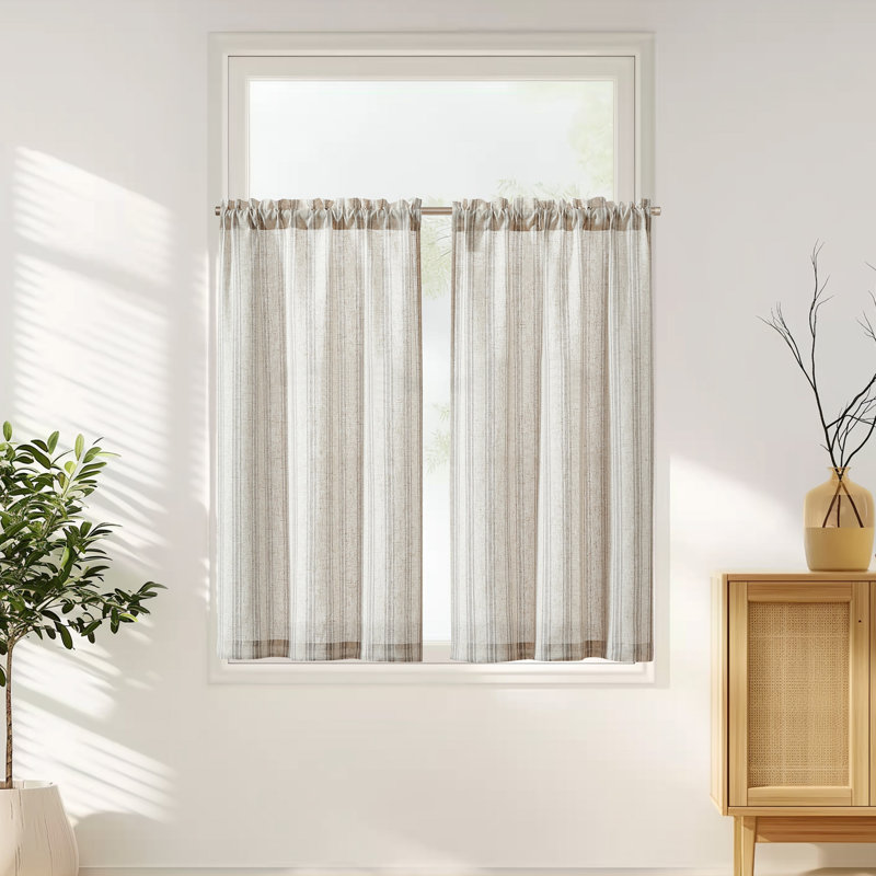 Kitchen Curtains Striped Tier Cafe Curtains Farmhouse Small Curtains, Taupe Grey on Beige, 26" W x 45" L