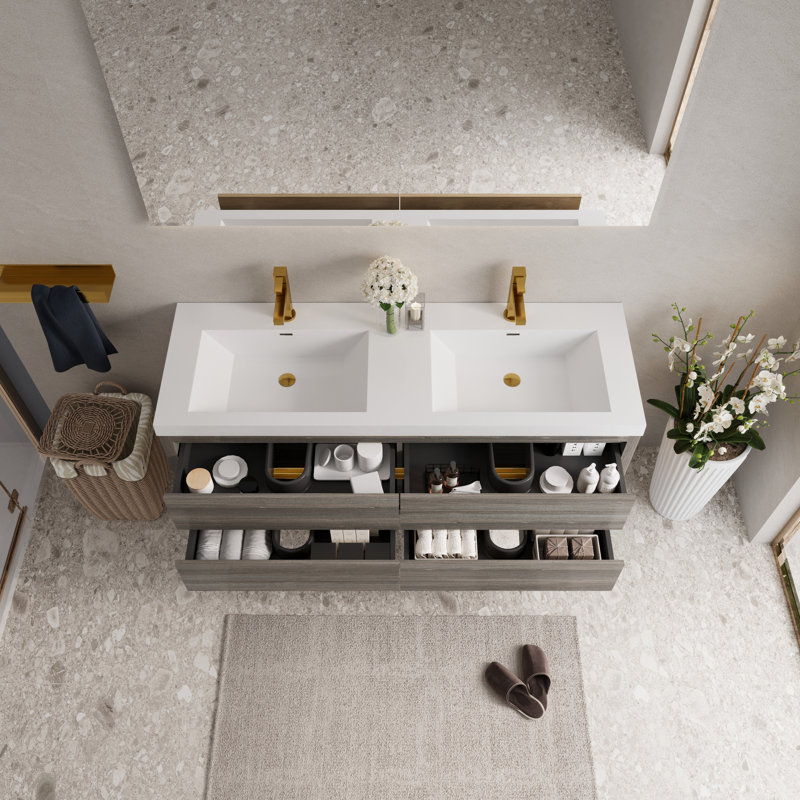 Élégant meuble-lavabo de comptoir en résine de pierre, bois d'ingénierie, conception flottante moderne