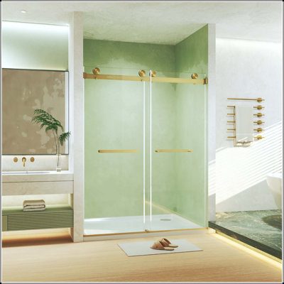 56-60 x 74 Frameless Double Sliding Shower Door - Brushed Gold, 8mm Glass