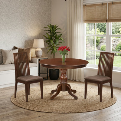 Mahogany Asian Wood Linen Fabric Round Slatted Dining Room Furniture Set with Pedestal Upholstered Dining Chairs for 2 Individuals