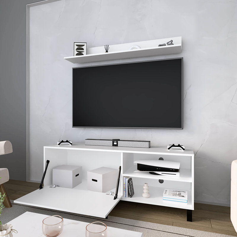 White Tv Stand Featuring Surface And Open Storage Area, 1-Door Design For Space Optimization, Arms Comfortable Height Shifting, Ideal Various Interior Decor, Particle Board Material, 20.9 In Tall