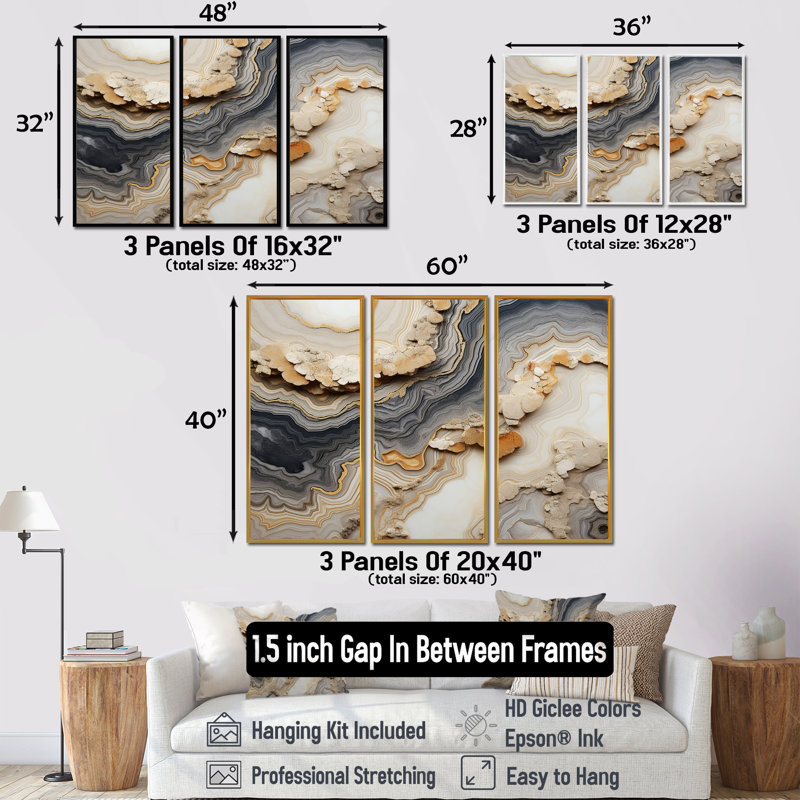 Gris et orange Minimalisme pierre Geode - Ensemble de décoration murale pierre géode, H 40 po x l 60 po, Cadre flottant brun