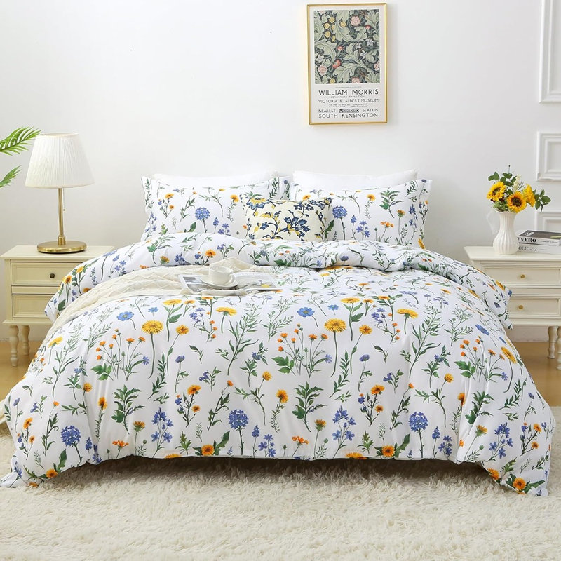 Ensemble d'édredon floral complet, literie réversible 3 pièces avec pissenlit botanique réversible avec édredon matelassé et 2 taies décoratives, ensemble de lit doux toutes saisons rétro