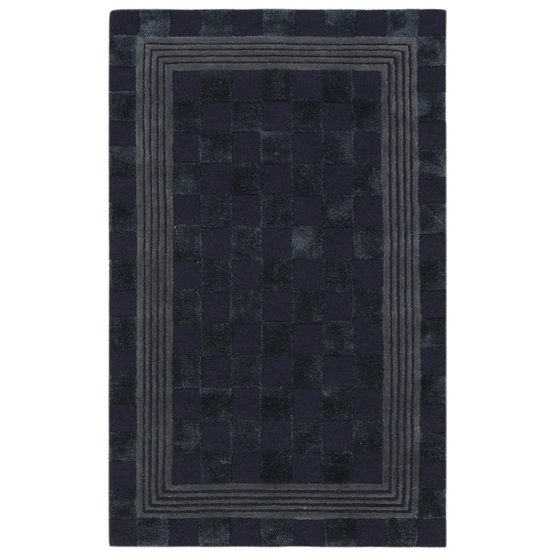 Navy Blue Tonal Check Rug, Rectangle 3' x 5'
