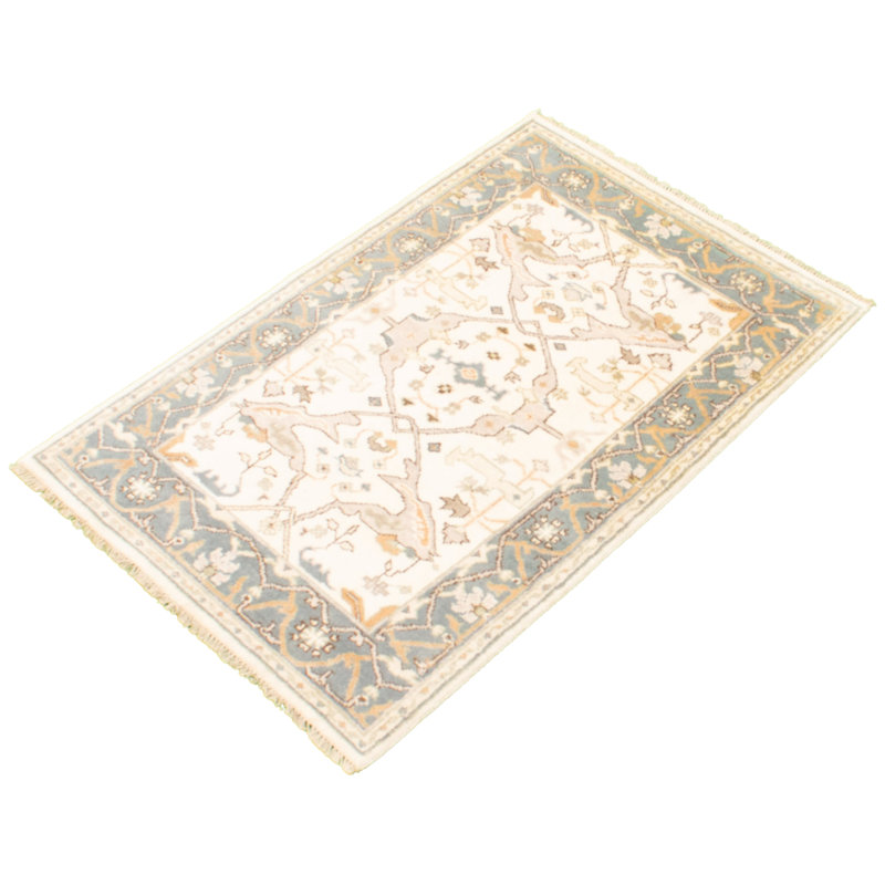 Tapis décoratif en laine noué à la main de conception unique 3 pi 11 po x 5 pi 11 po Derossitte Ivoire/bleu clair