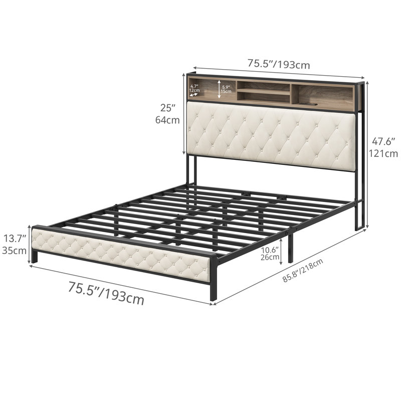 Noise-Reducing Upholstered Storage Bed with Built-In Charging Station, King