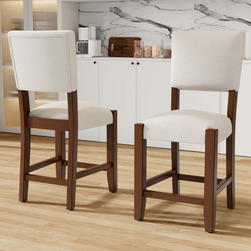 Ensemble de 2 tabourets de bar de style Mid-Century de 40,4 po avec dossier, tabourets de bar rembourrés en lin avec pieds en bois massif pour la salle à manger de l'îlot de cuisine