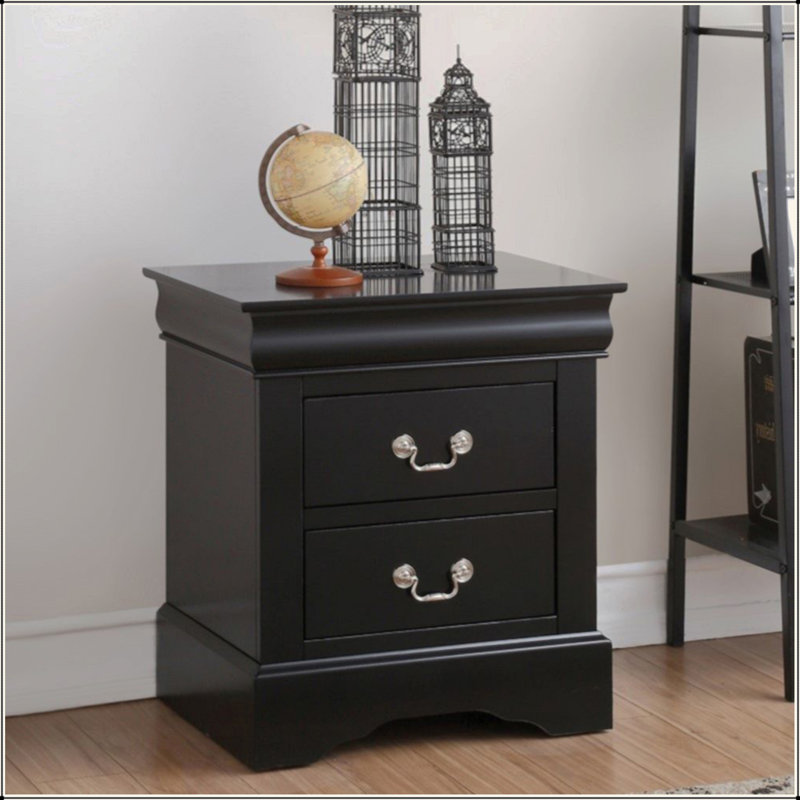 Table de chevet 2 tiroirs en bois avec finition noire, Noir