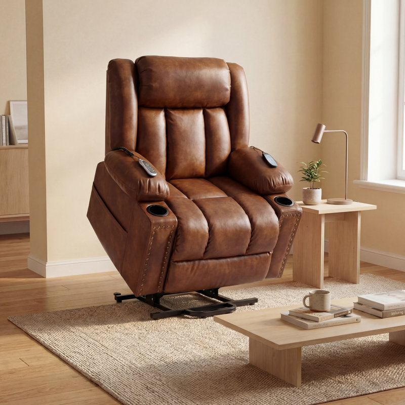 40" Wide 3-Motor Power Lift Recliner With Heat And Massage, Leather Upholstered Chair With Independent Head Back & Foot Adjustment