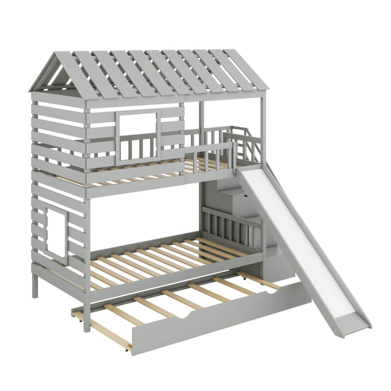  Anahira Twin Over Twin House Bunk Bed With Trundle And Slide, Storage Staircase, Roof And Window Design, Gray