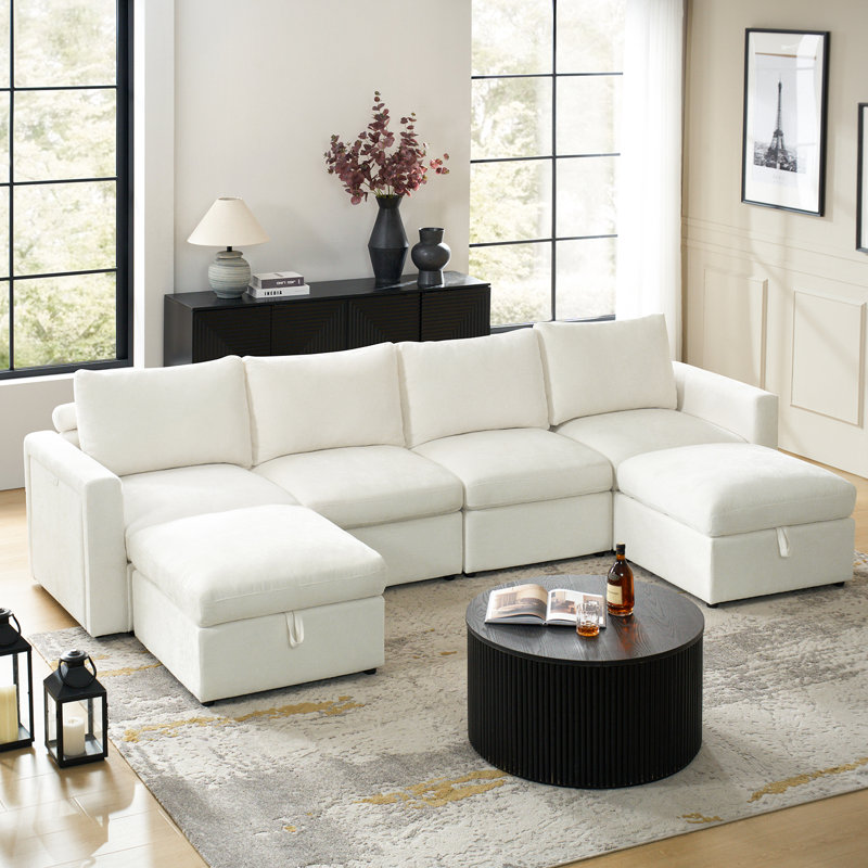 Doulyn 6-Piece Storage Modular Sectional Sofa with Multi-Functional Armrests, Beige Polyester Blend