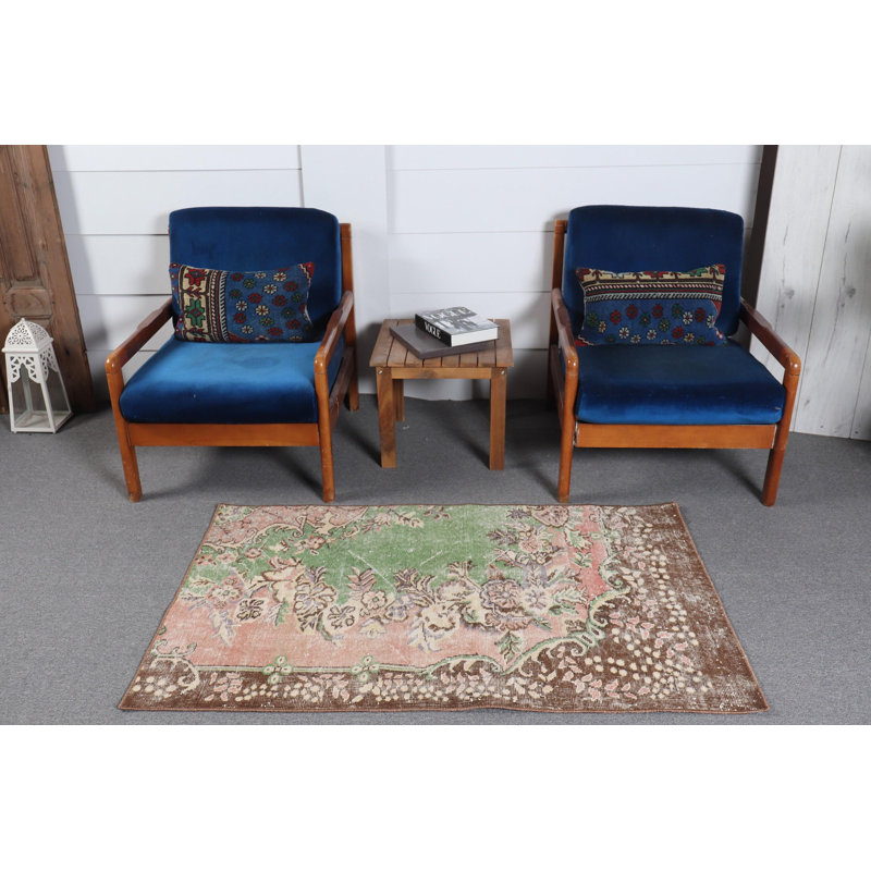 Tapis turc boho vintage rétro en laine vert - Décoration de salle de bain ou de chambre à coucher éclectique