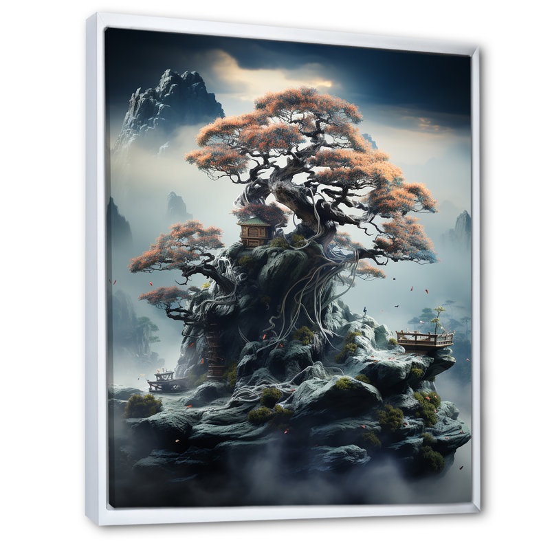 Mystical Bonsai 1 - Art mural Bonsai, Cadre flottant blanc, H 44 po x l 34 po x P 1,5 po