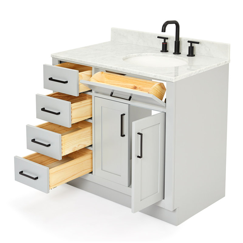 Meuble-lavabo simple Jameal de 36 po en bois massif avec comptoir en marbre de Carrare de 0,75 po et lavabo ovale dÃ©calÃ© Ã  droite