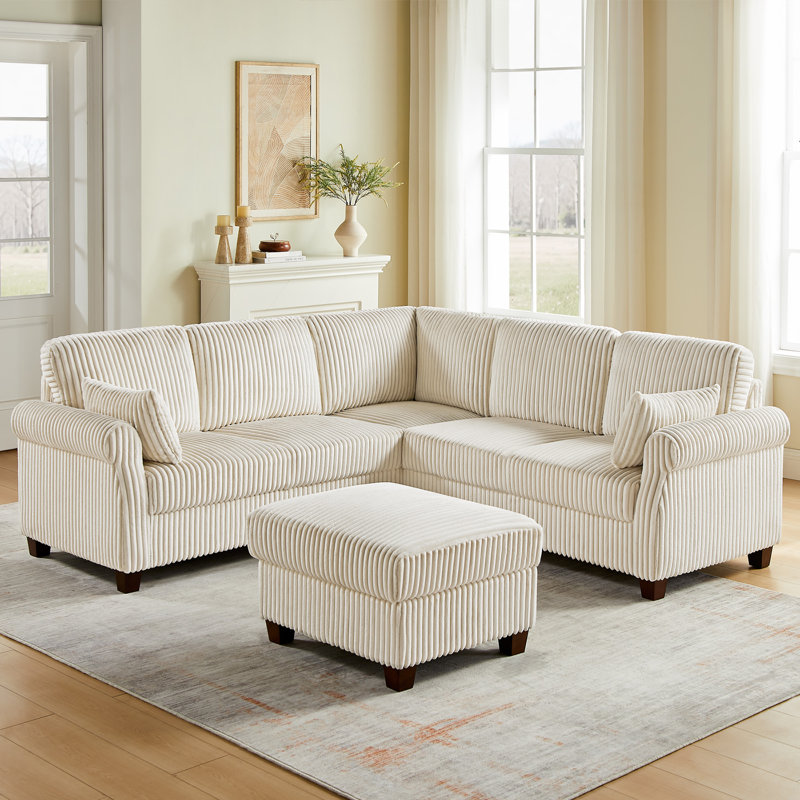 90.55’’ Upholstered Sofa With Storage Ottoman, Beige  Polyester