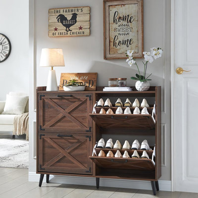 Armoire de rangement pour chaussures Farmhouse avec 4 tiroirs rabattables, étagère à chaussures mince dissimulée autoportante pour vestibule, vestibule, couloir
