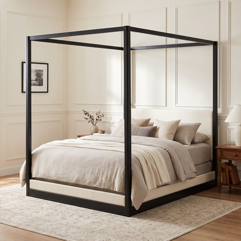 Lit plateforme à baldaquin en bois avec tête de lit tapissier, maison de campagne moderne, chambre à coucher, Grand lit, Noir