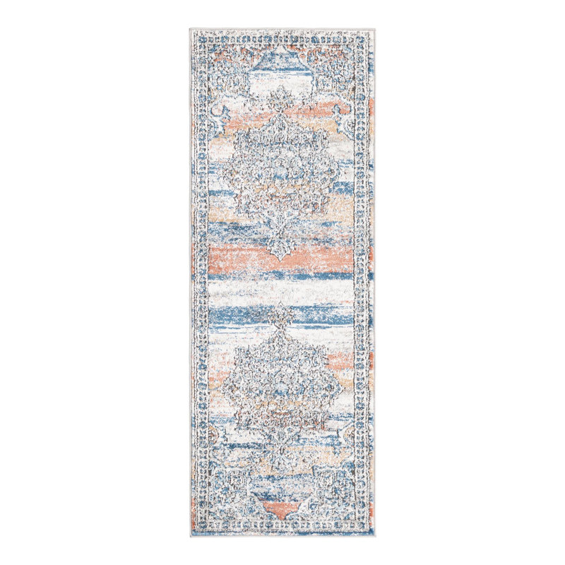 Tapis bleu / blanc / orange à motif abstrait Weingartner, Tapis de couloir 2 pi x 6 pi