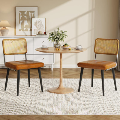 Ensemble de 2 chaises de salle à manger modernes en rotin rembourrées sans accoudoirs avec siège en cuir polyuréthane Dossier en rotin naturel Structure en bois robuste parfaite pour la cuisine ou la salle à manger