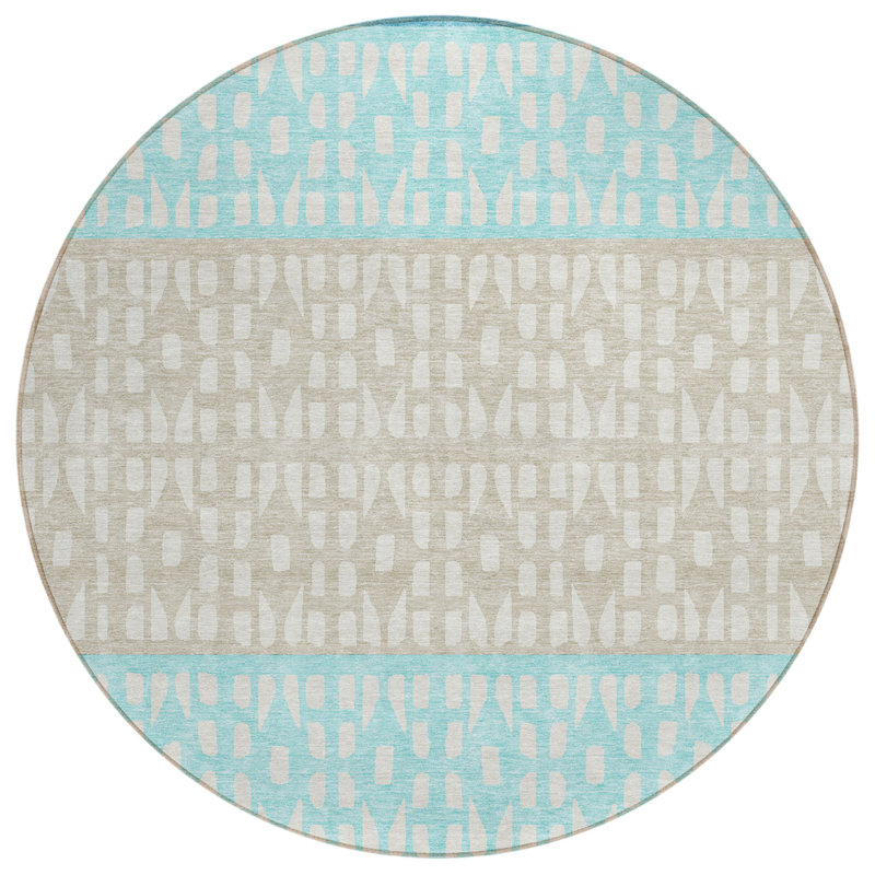 Tapis d'intérieur / extérieur rond 8 pi bleu turquoise et ivoire à motif géométrique lavable