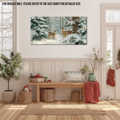 Winter Animal Wall Art - Snow Forest Deer Winter Scene Canvas Wall Art for Living Room, Winter Pictures Wall Decor Artwork Print for Bedroom Wrapped Canvas Pine Frame, 