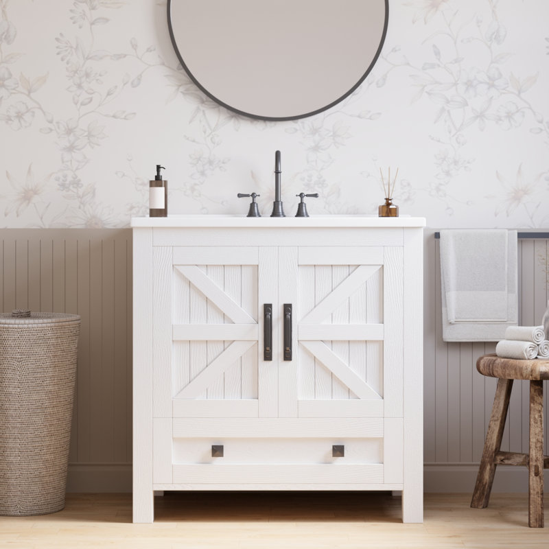 Farmhouse  30" Bathroom Vanity With Sink, Bathroom Cabinet With Drawer, White