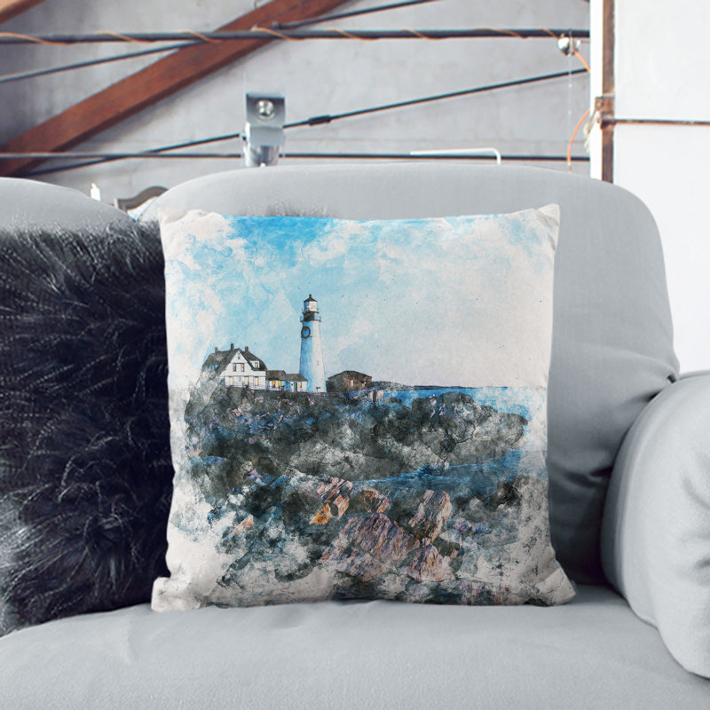 Lighthouse in Cape Elizabeth Maine Watercolour Cushion with Filling, 55cm H x 55cm W x 20cm D, White