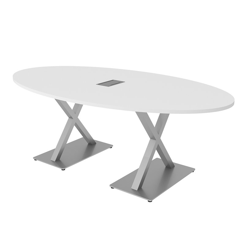 Table de conférence ovale avec base en X et bloc d'alimentation, L 84 po x l 48 po, Blanc classique